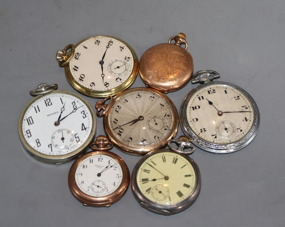 Three gold-plated dress pocket watches and four others.
